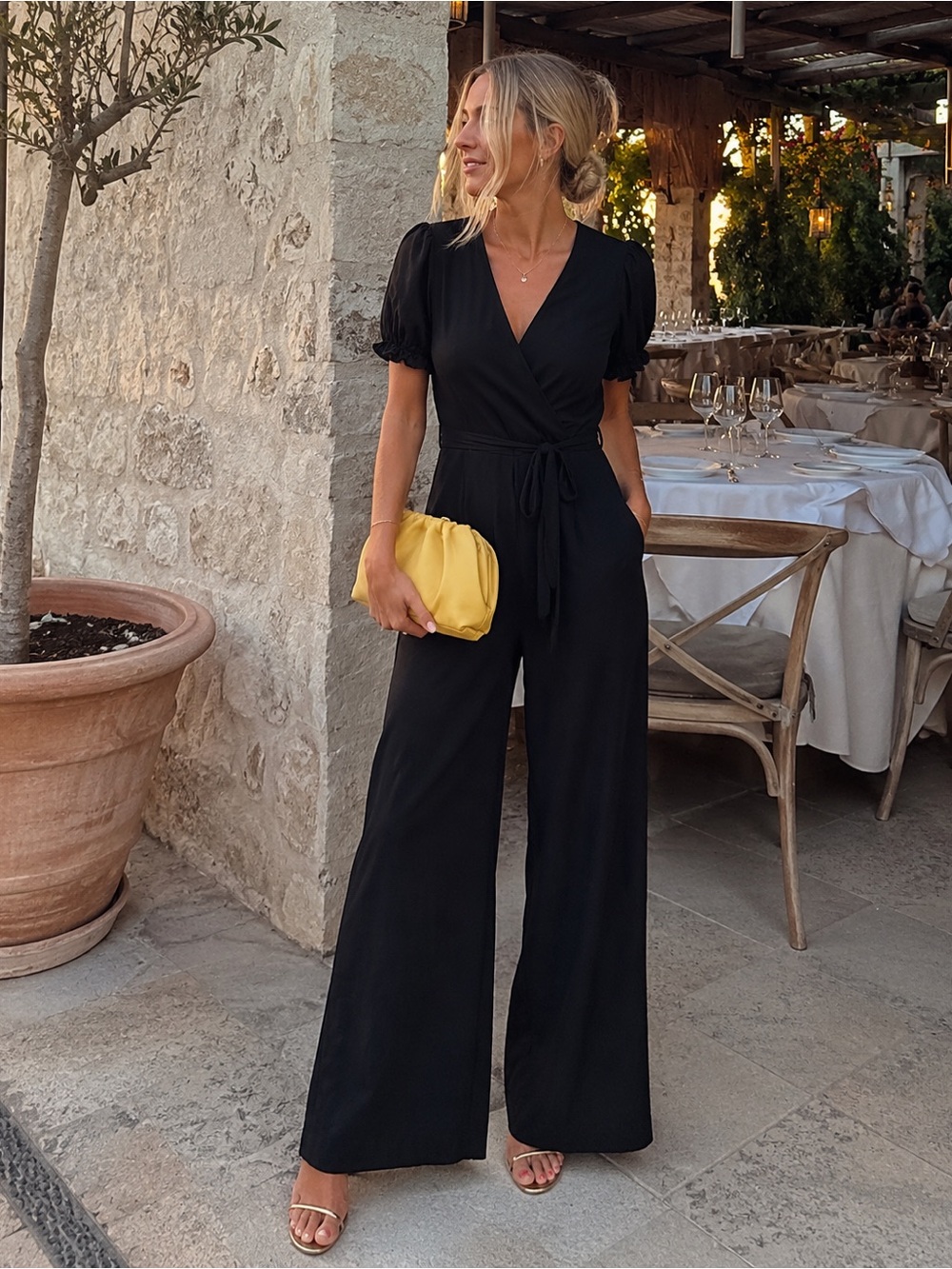 See The Shades Black Faux-Wrap Puff Sleeve Jumpsuit - Size M Minimalist